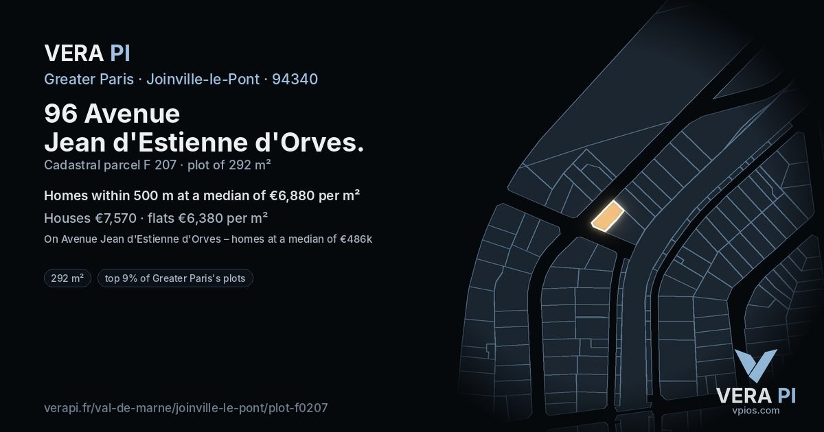 96 Avenue Jean d'Estienne d'Orves, Joinville-le-Pont at night – the plot lit, the parcels around coloured by the prices near them
