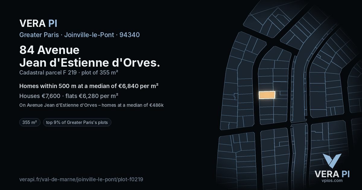 84 Avenue Jean d'Estienne d'Orves, Joinville-le-Pont at night – the plot lit, the parcels around coloured by the prices near them