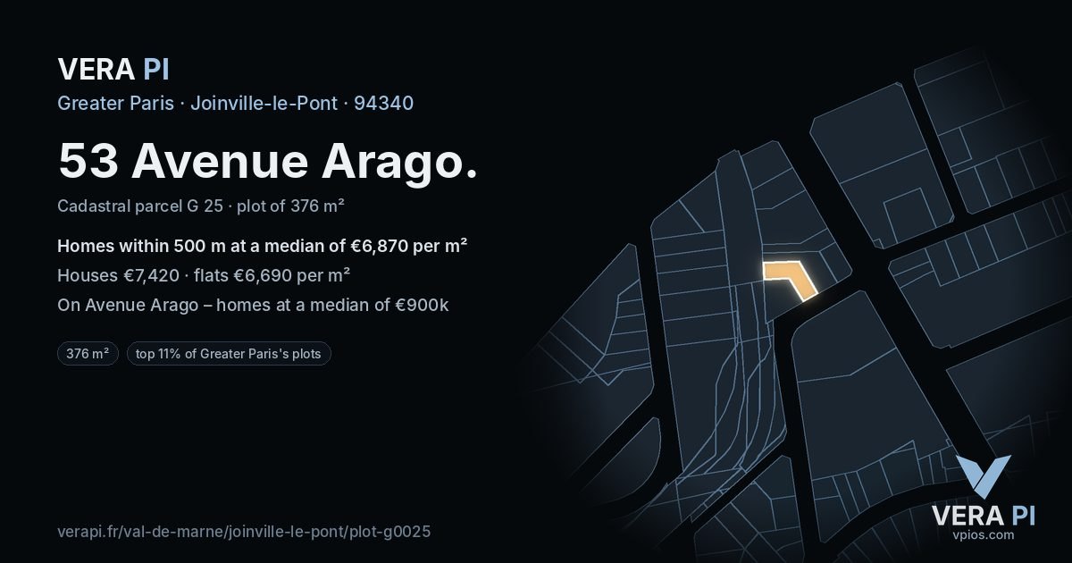 53 Avenue Arago, Joinville-le-Pont at night – the plot lit, the parcels around coloured by the prices near them
