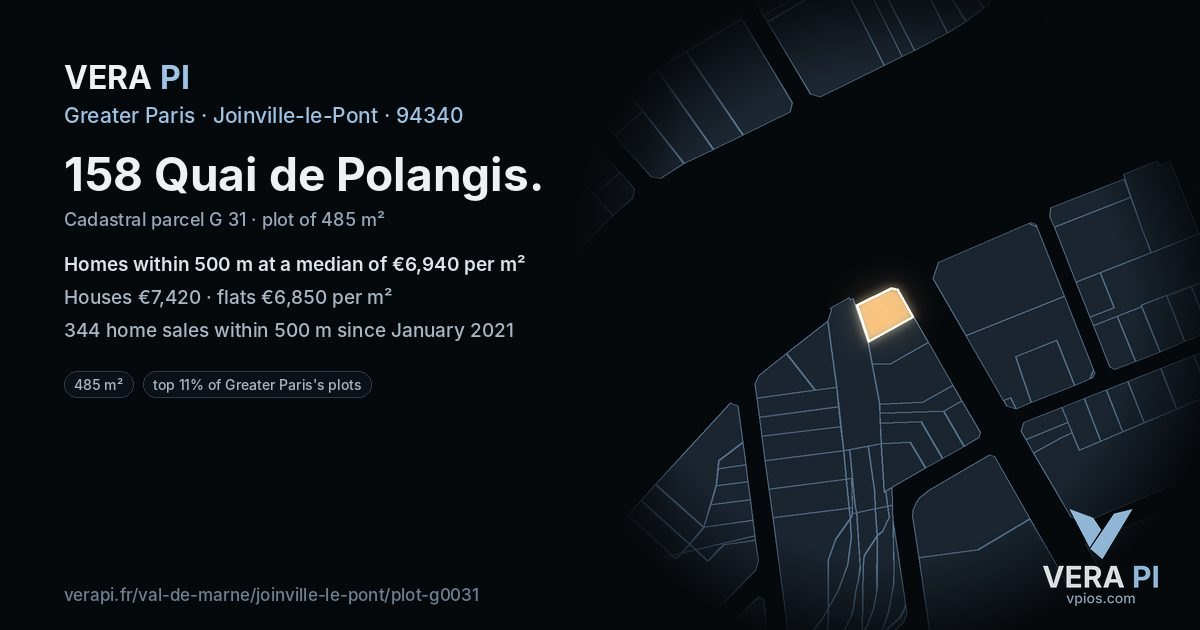158 Quai de Polangis, Joinville-le-Pont at night – the plot lit, the parcels around coloured by the prices near them