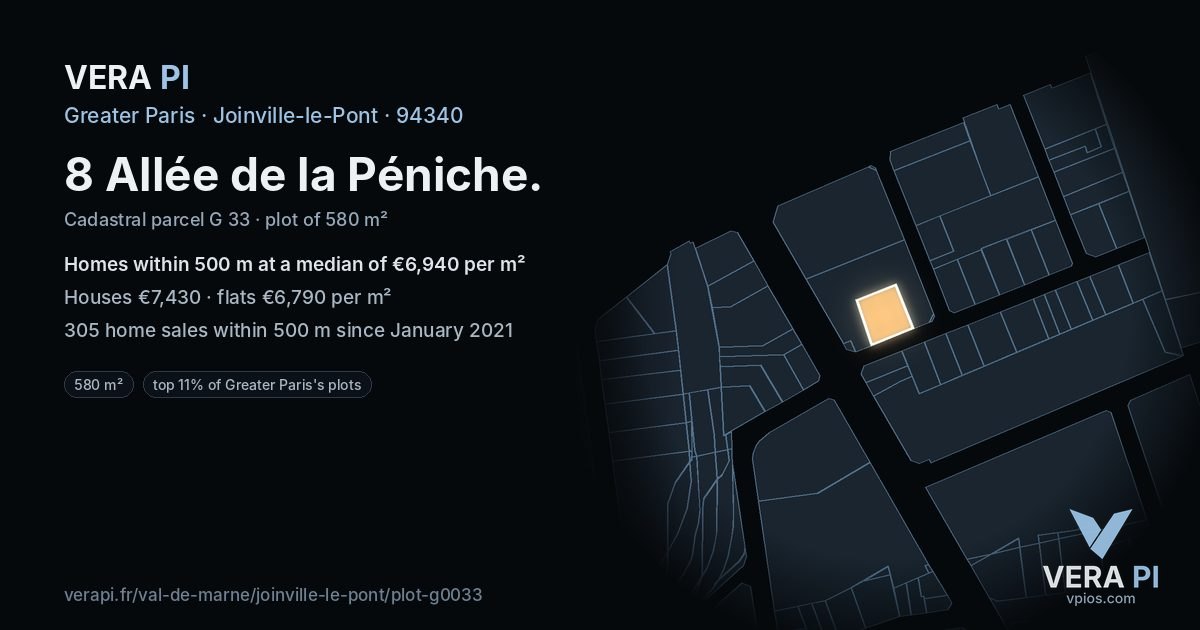 8 Allée de la Péniche, Joinville-le-Pont at night – the plot lit, the parcels around coloured by the prices near them