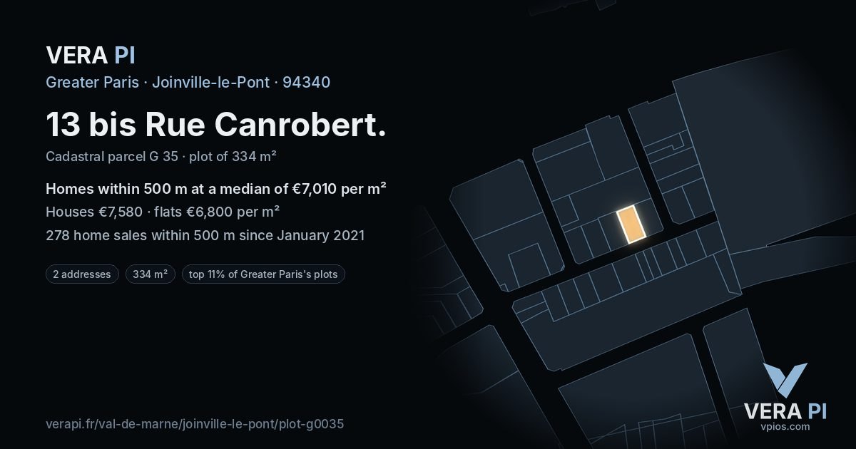 13 bis Rue Canrobert, Joinville-le-Pont at night – the plot lit, the parcels around coloured by the prices near them
