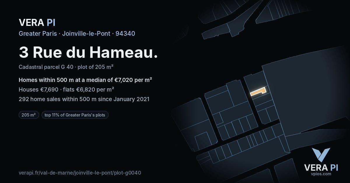 3 Rue du Hameau, Joinville-le-Pont at night – the plot lit, the parcels around coloured by the prices near them