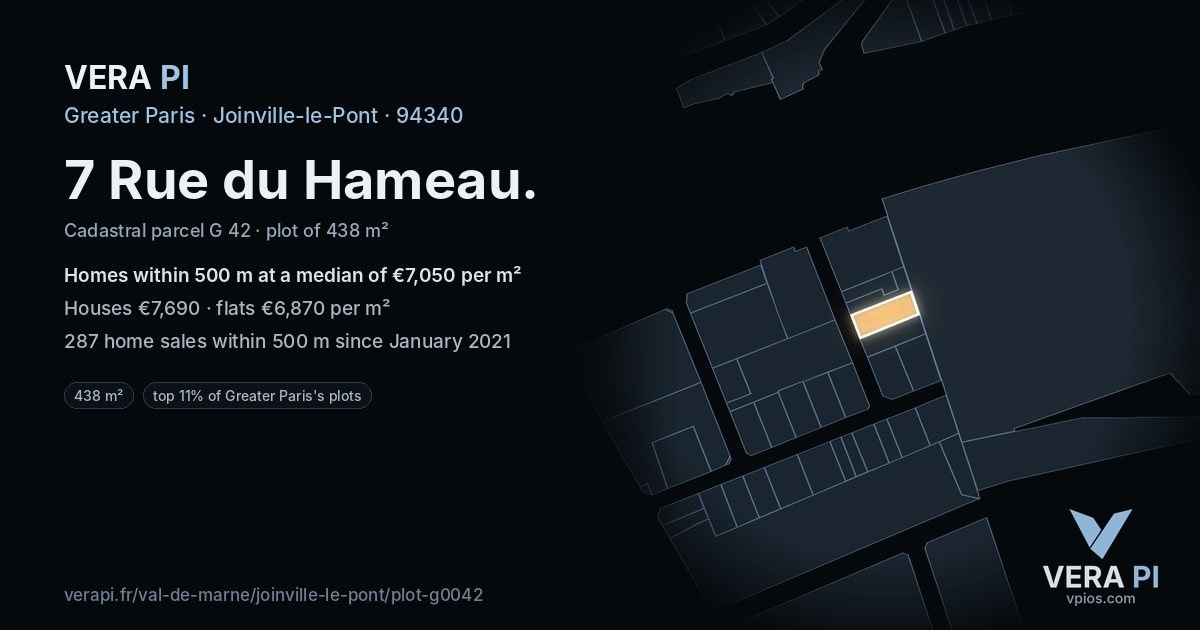 7 Rue du Hameau, Joinville-le-Pont at night – the plot lit, the parcels around coloured by the prices near them