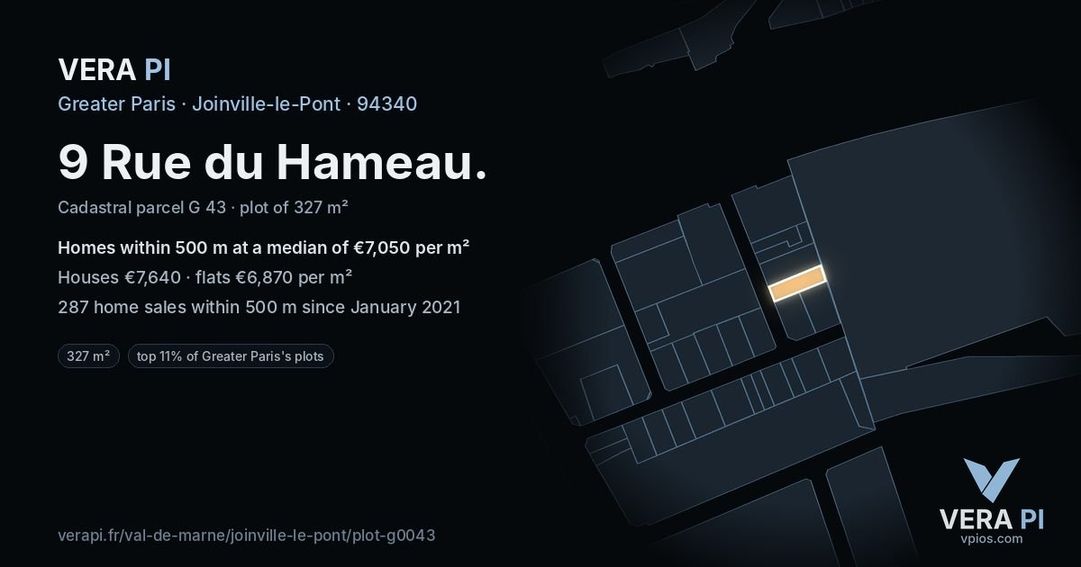 9 Rue du Hameau, Joinville-le-Pont at night – the plot lit, the parcels around coloured by the prices near them