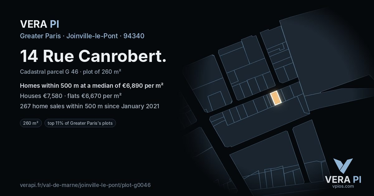 14 Rue Canrobert, Joinville-le-Pont at night – the plot lit, the parcels around coloured by the prices near them