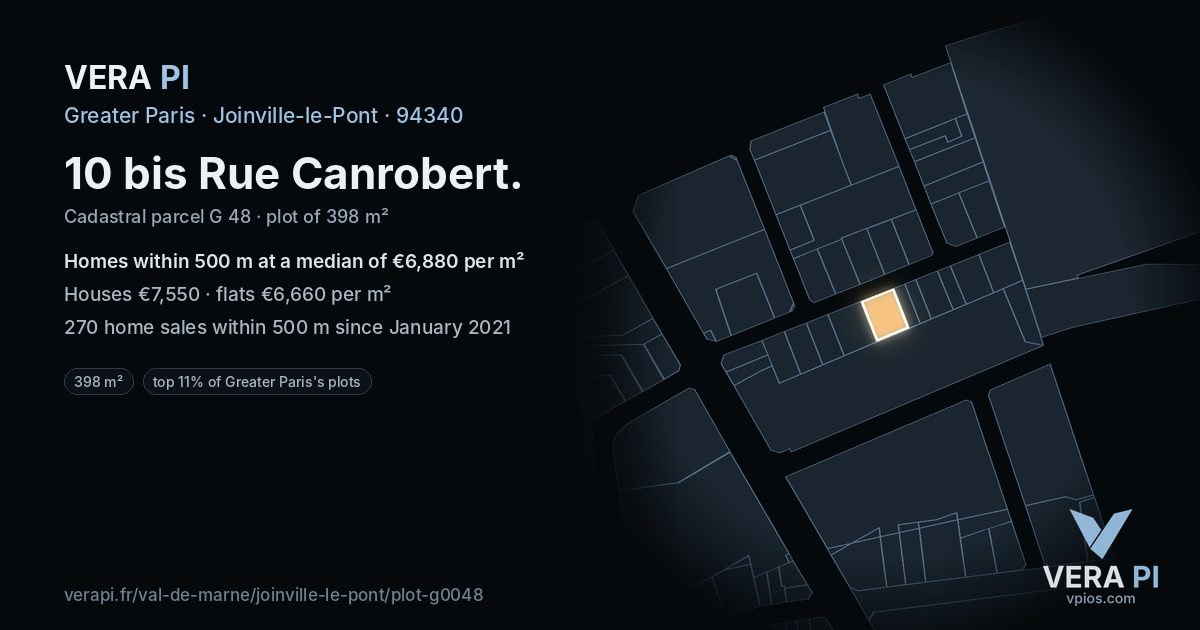 10 bis Rue Canrobert, Joinville-le-Pont at night – the plot lit, the parcels around coloured by the prices near them