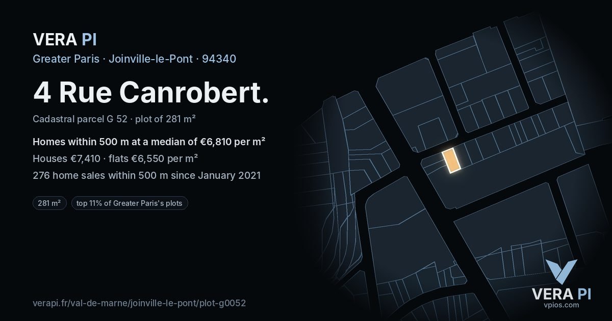 4 Rue Canrobert, Joinville-le-Pont at night – the plot lit, the parcels around coloured by the prices near them