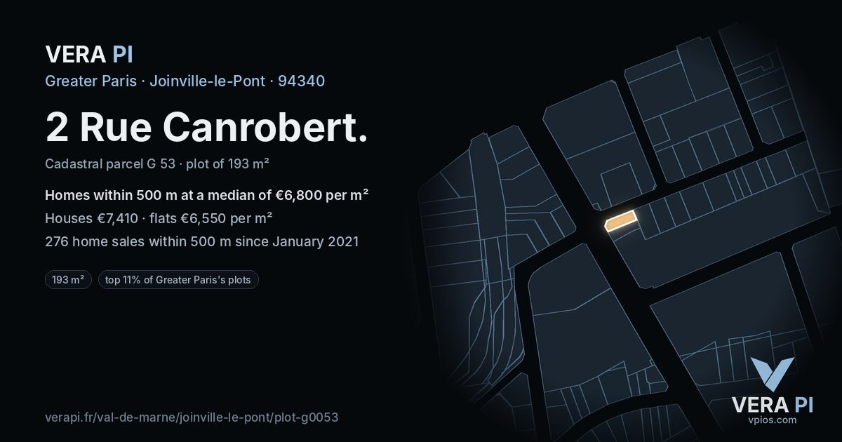 2 Rue Canrobert, Joinville-le-Pont at night – the plot lit, the parcels around coloured by the prices near them
