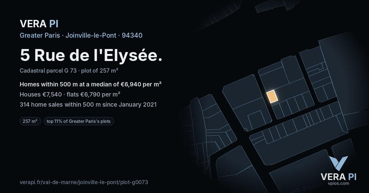 5 Rue de l'Elysée, Joinville-le-Pont at night – the plot lit, the parcels around coloured by the prices near them
