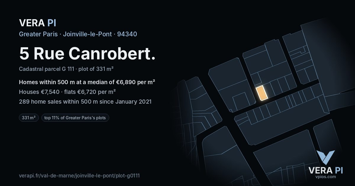5 Rue Canrobert, Joinville-le-Pont at night – the plot lit, the parcels around coloured by the prices near them