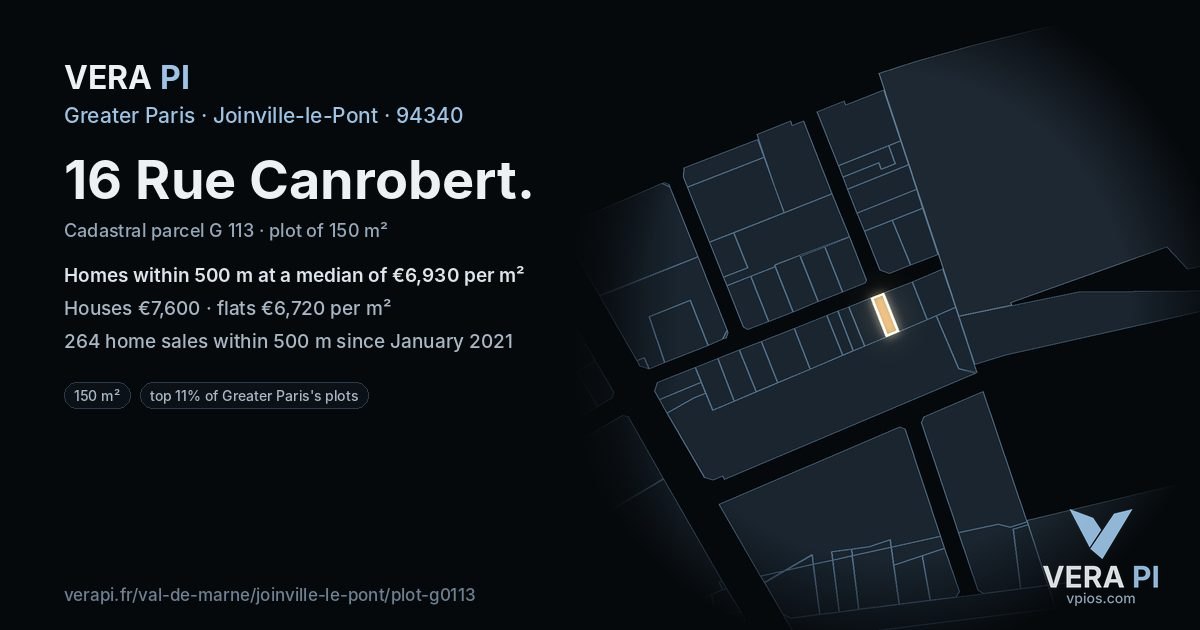 16 Rue Canrobert, Joinville-le-Pont at night – the plot lit, the parcels around coloured by the prices near them