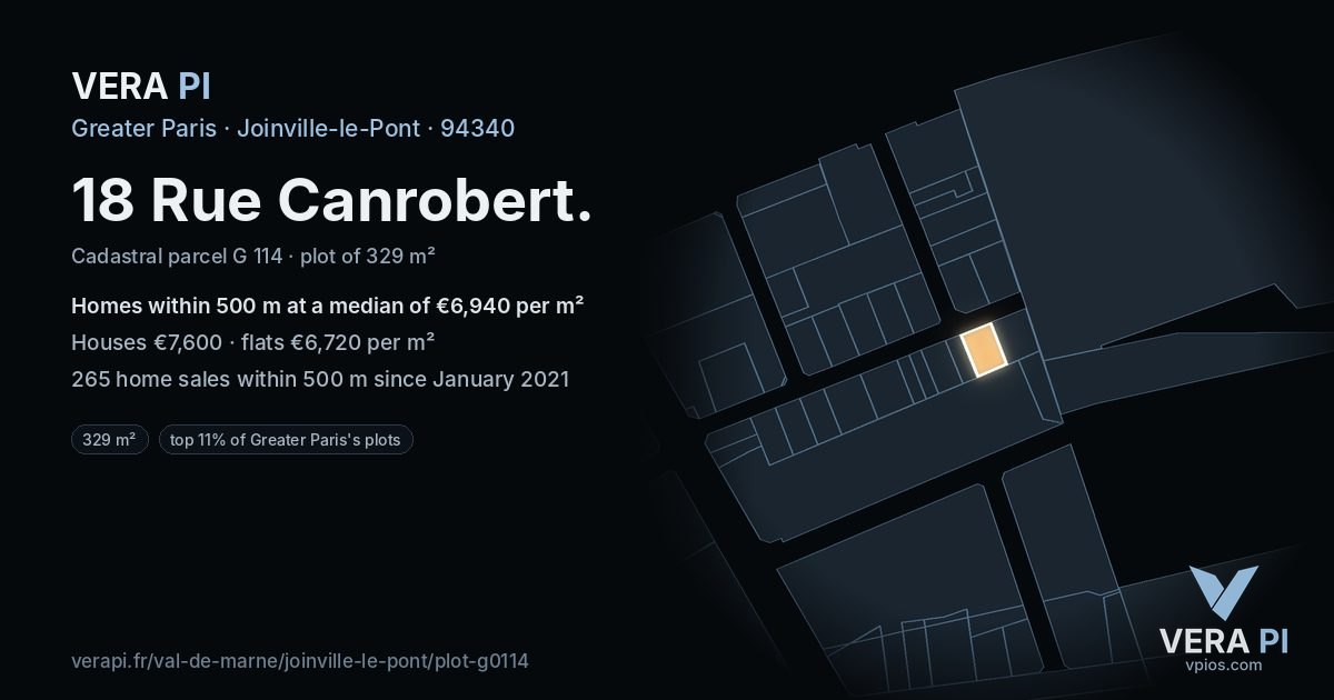 18 Rue Canrobert, Joinville-le-Pont at night – the plot lit, the parcels around coloured by the prices near them