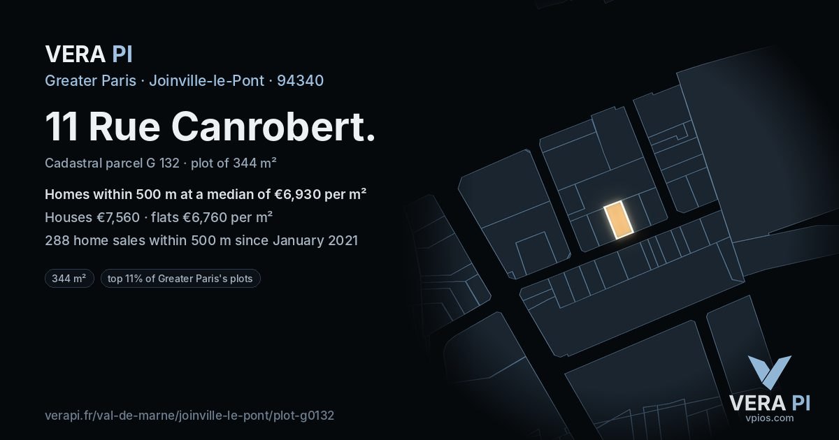 11 Rue Canrobert, Joinville-le-Pont at night – the plot lit, the parcels around coloured by the prices near them