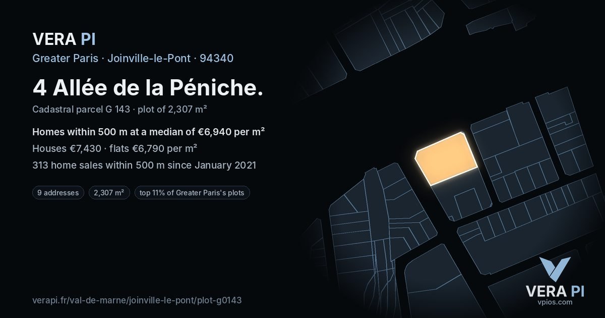 4 Allée de la Péniche, Joinville-le-Pont at night – the plot lit, the parcels around coloured by the prices near them