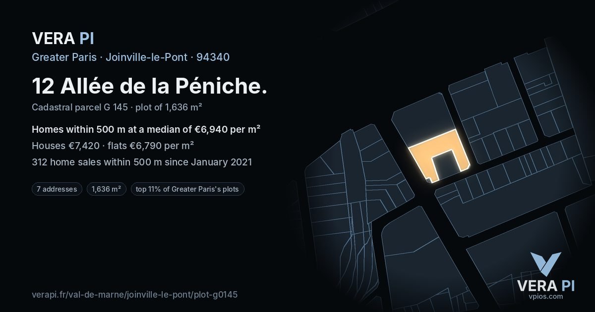 12 Allée de la Péniche, Joinville-le-Pont at night – the plot lit, the parcels around coloured by the prices near them