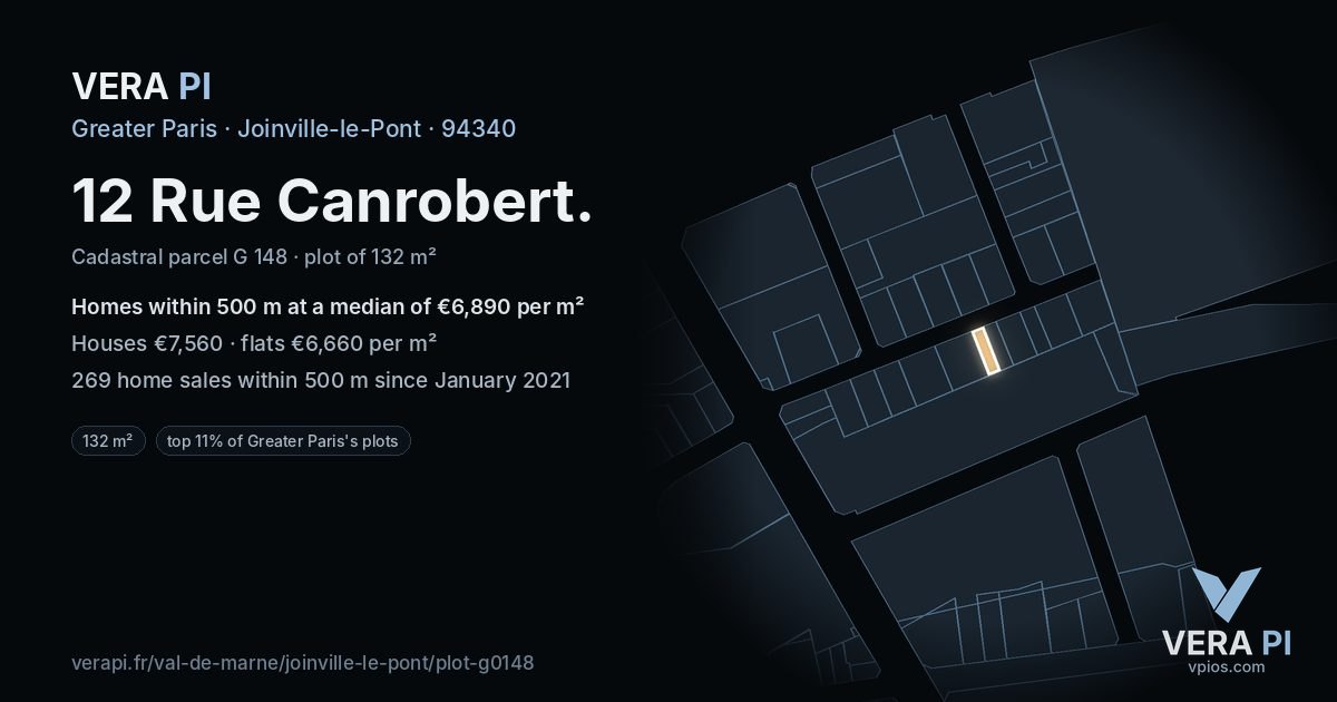 12 Rue Canrobert, Joinville-le-Pont at night – the plot lit, the parcels around coloured by the prices near them