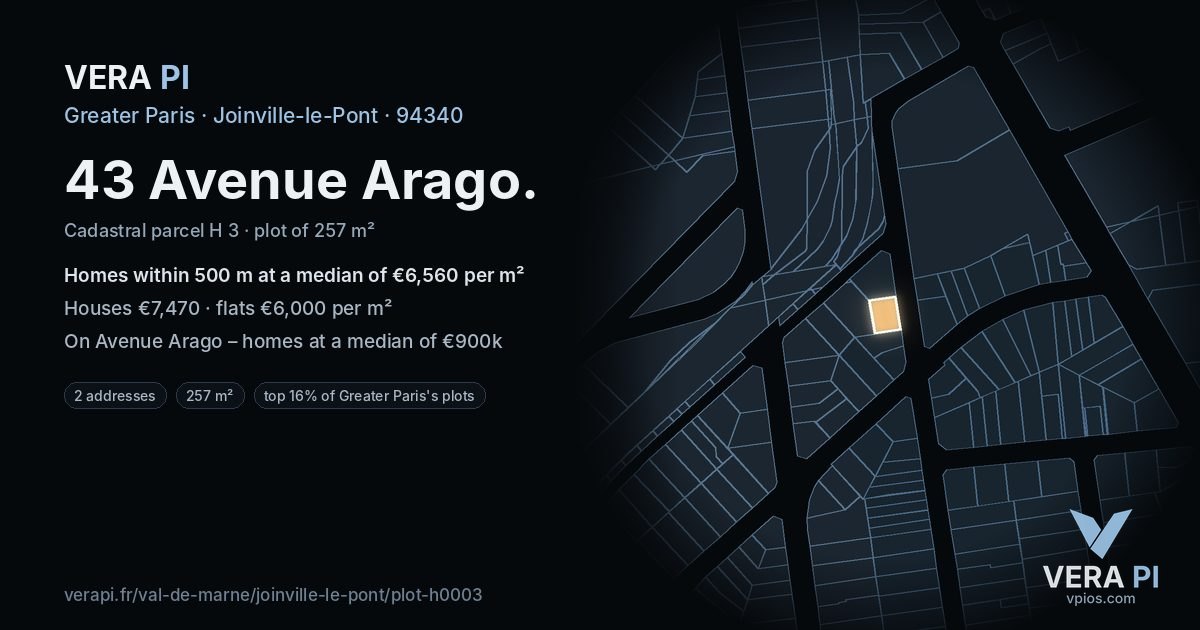 43 Avenue Arago, Joinville-le-Pont at night – the plot lit, the parcels around coloured by the prices near them