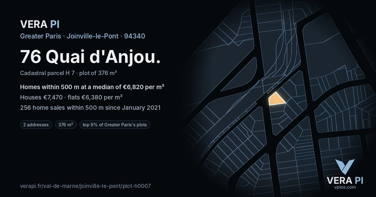 76 Quai d'Anjou, Joinville-le-Pont at night – the plot lit, the parcels around coloured by the prices near them