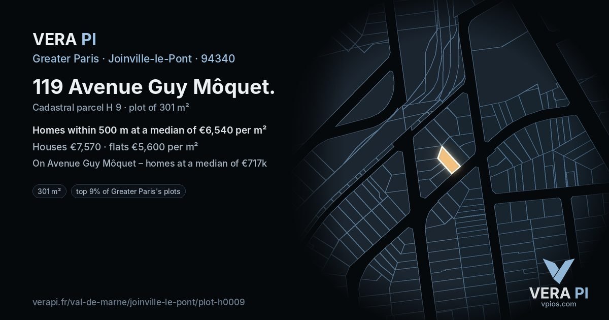 119 Avenue Guy Môquet, Joinville-le-Pont at night – the plot lit, the parcels around coloured by the prices near them