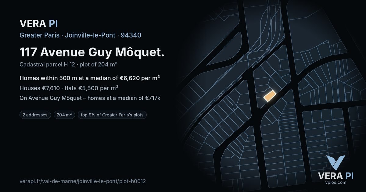 117 Avenue Guy Môquet, Joinville-le-Pont at night – the plot lit, the parcels around coloured by the prices near them