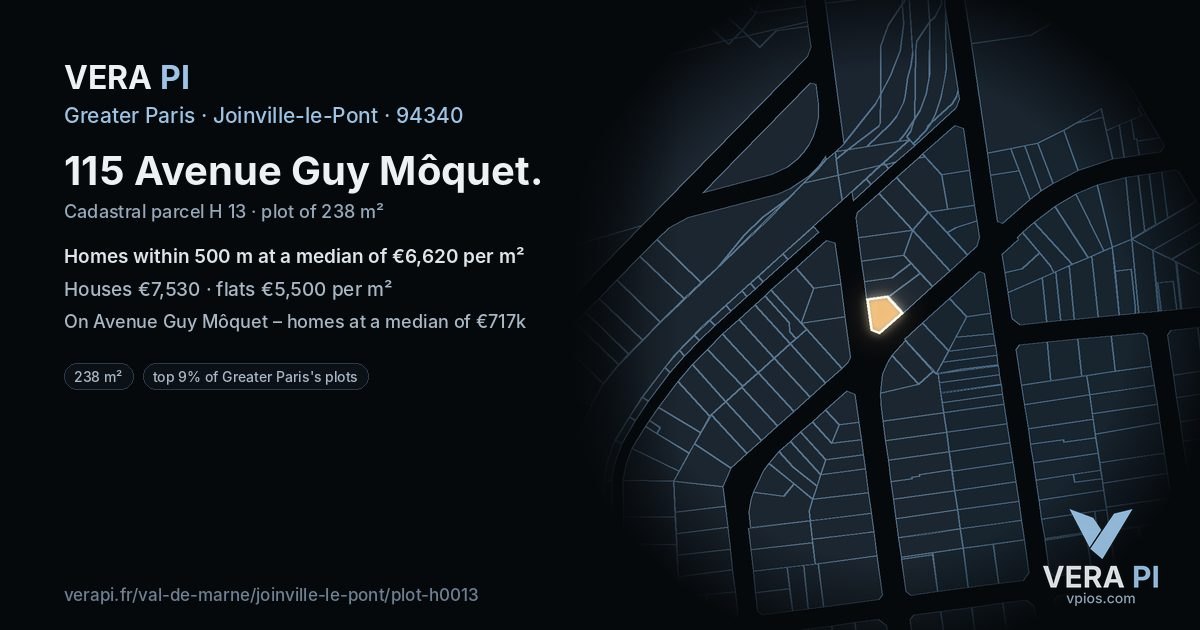 115 Avenue Guy Môquet, Joinville-le-Pont at night – the plot lit, the parcels around coloured by the prices near them