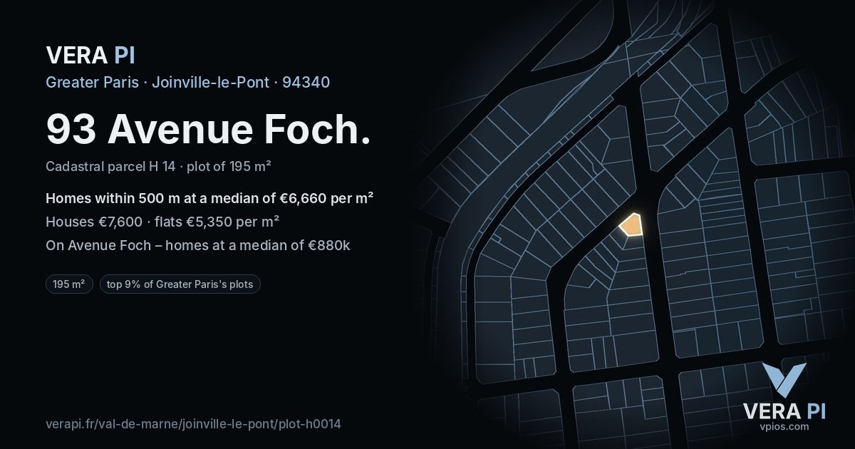 93 Avenue Foch, Joinville-le-Pont at night – the plot lit, the parcels around coloured by the prices near them
