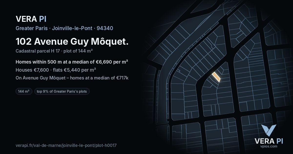 102 Avenue Guy Môquet, Joinville-le-Pont at night – the plot lit, the parcels around coloured by the prices near them