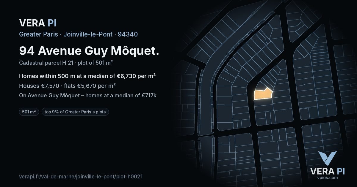 94 Avenue Guy Môquet, Joinville-le-Pont at night – the plot lit, the parcels around coloured by the prices near them