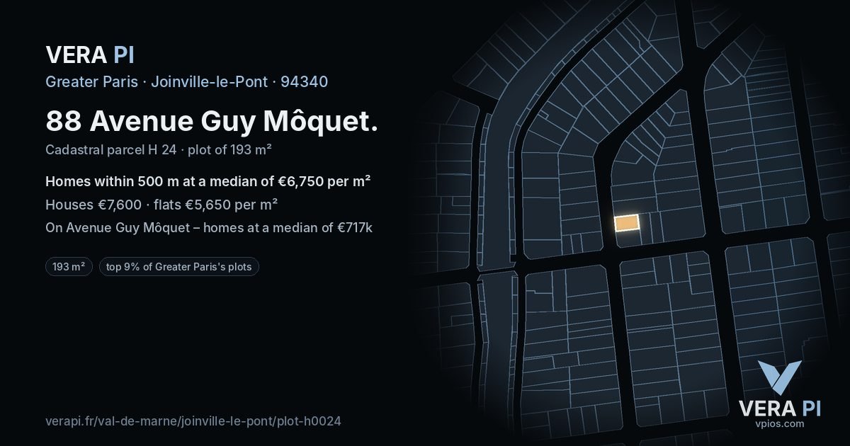88 Avenue Guy Môquet, Joinville-le-Pont at night – the plot lit, the parcels around coloured by the prices near them