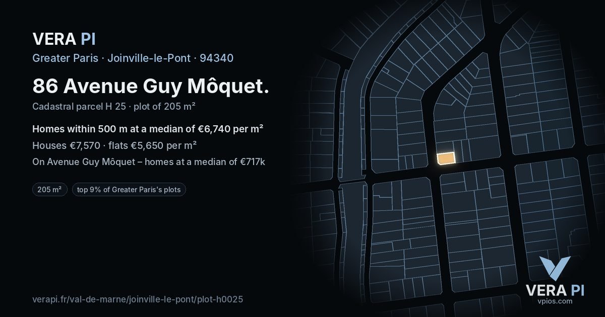 86 Avenue Guy Môquet, Joinville-le-Pont at night – the plot lit, the parcels around coloured by the prices near them