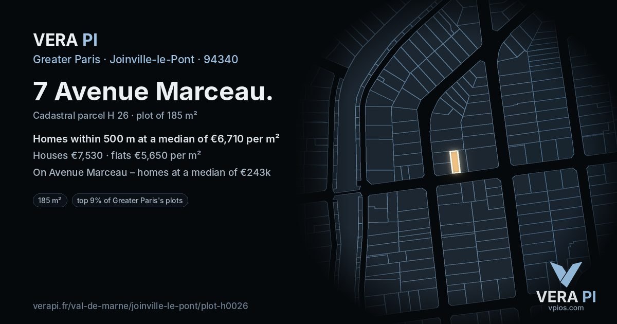 7 Avenue Marceau, Joinville-le-Pont at night – the plot lit, the parcels around coloured by the prices near them