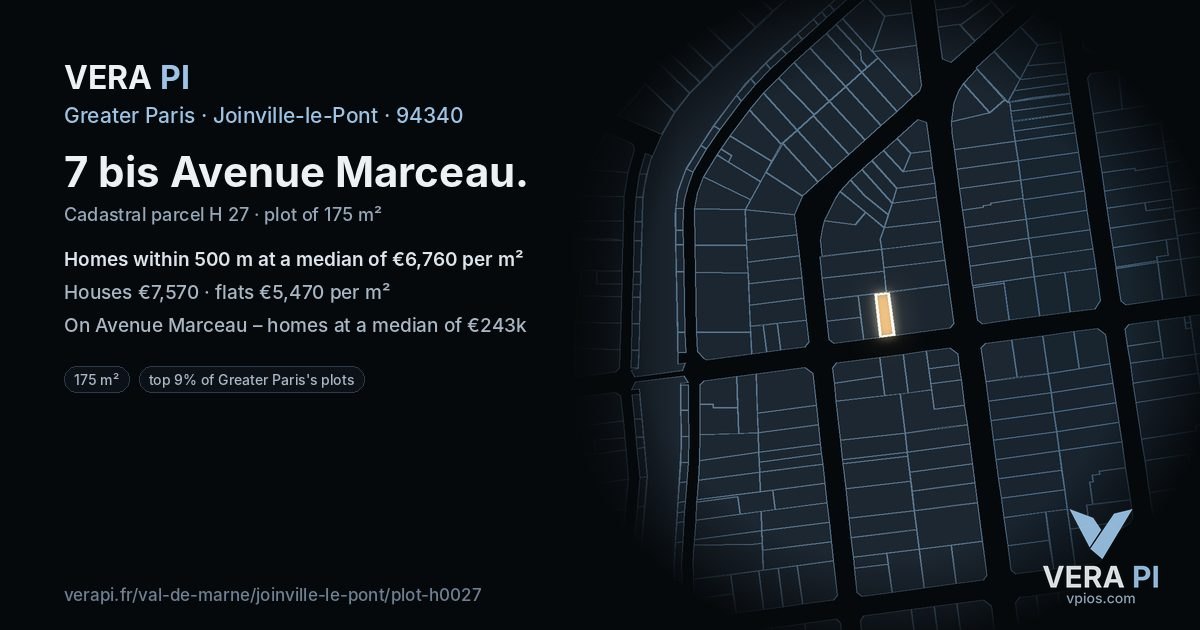 7 bis Avenue Marceau, Joinville-le-Pont at night – the plot lit, the parcels around coloured by the prices near them