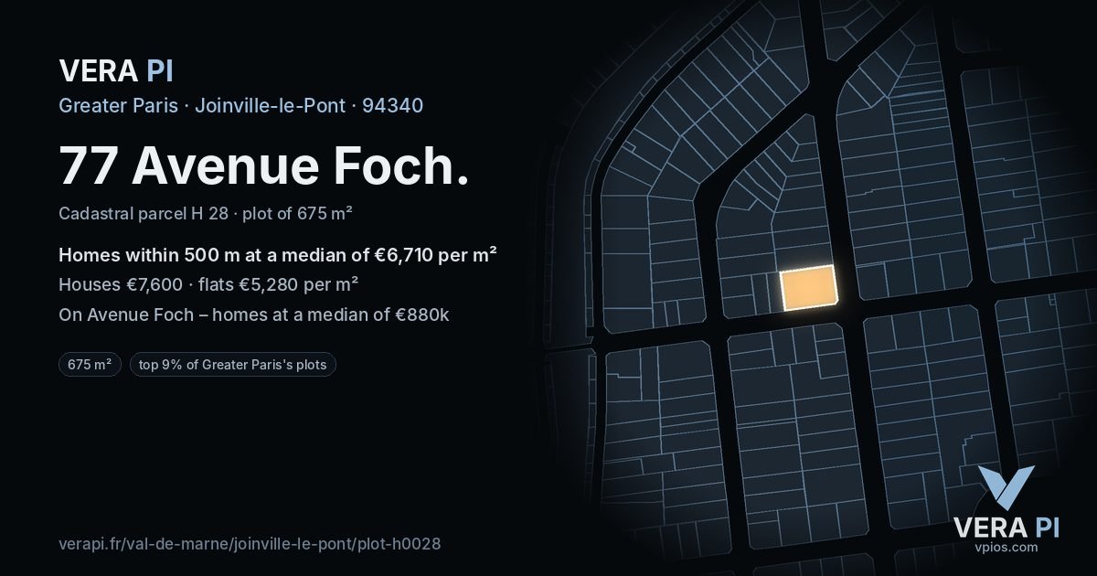 77 Avenue Foch, Joinville-le-Pont at night – the plot lit, the parcels around coloured by the prices near them
