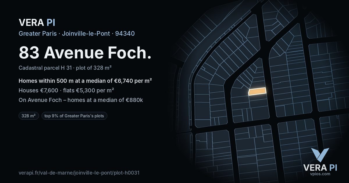 83 Avenue Foch, Joinville-le-Pont at night – the plot lit, the parcels around coloured by the prices near them