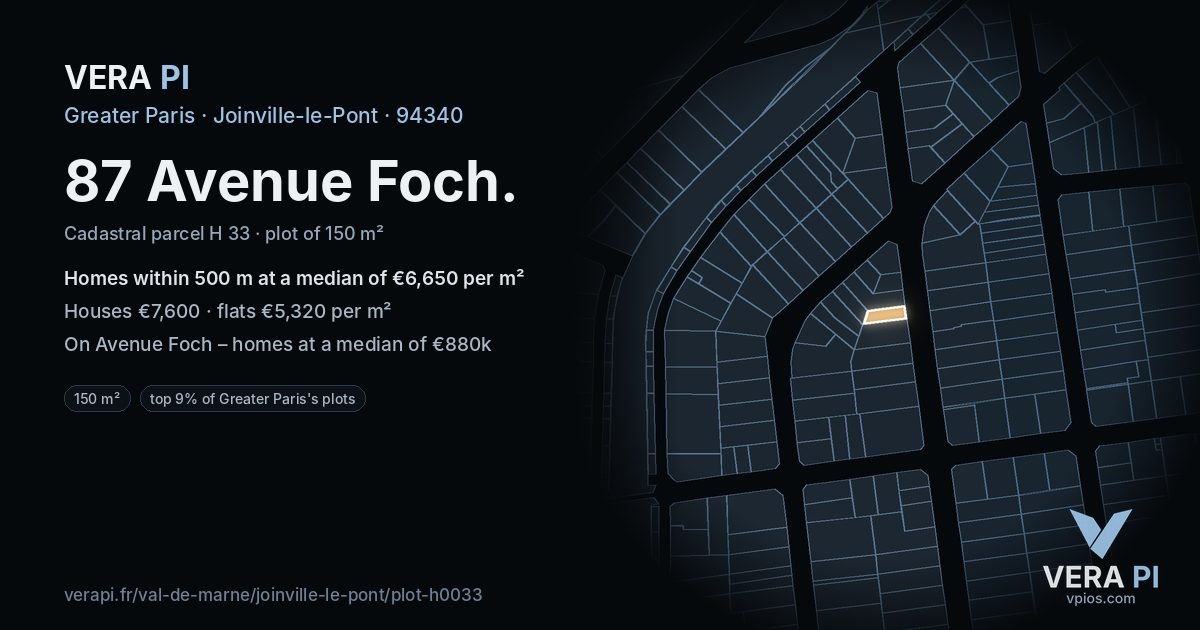 87 Avenue Foch, Joinville-le-Pont at night – the plot lit, the parcels around coloured by the prices near them