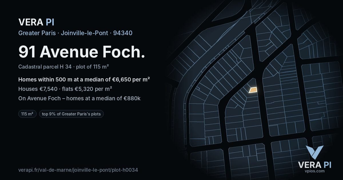 91 Avenue Foch, Joinville-le-Pont at night – the plot lit, the parcels around coloured by the prices near them