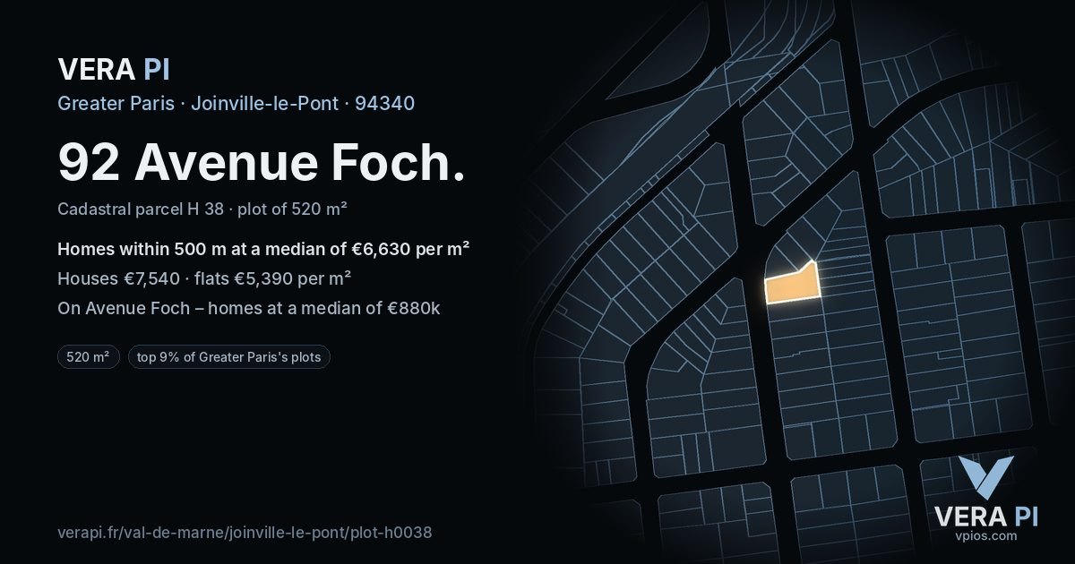 92 Avenue Foch, Joinville-le-Pont at night – the plot lit, the parcels around coloured by the prices near them