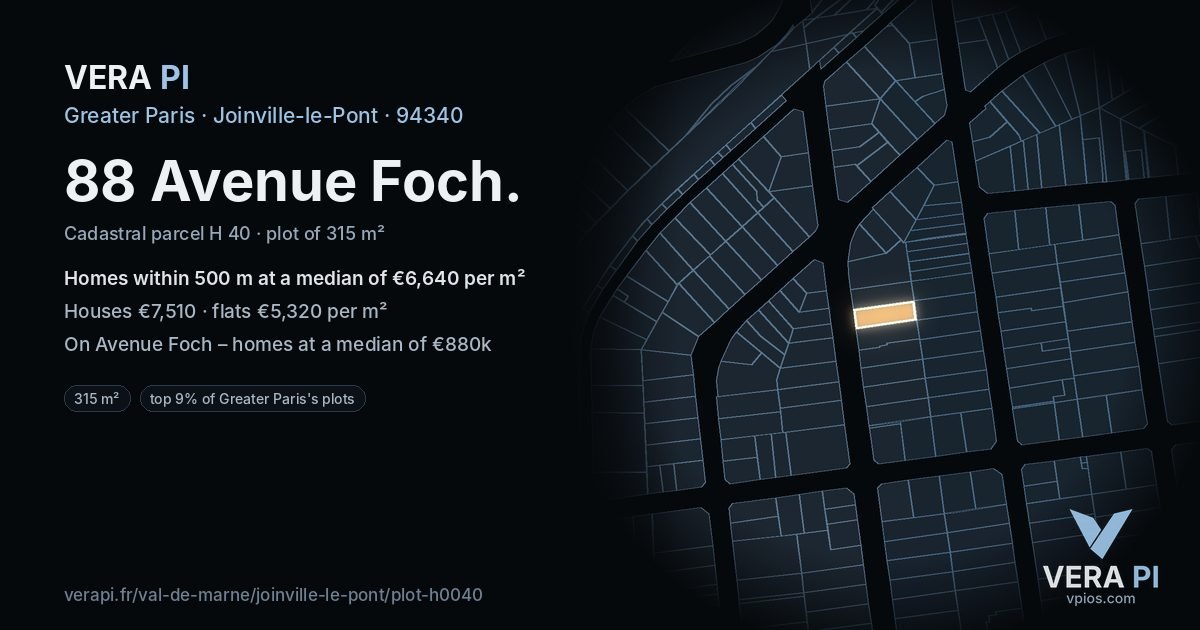 88 Avenue Foch, Joinville-le-Pont at night – the plot lit, the parcels around coloured by the prices near them