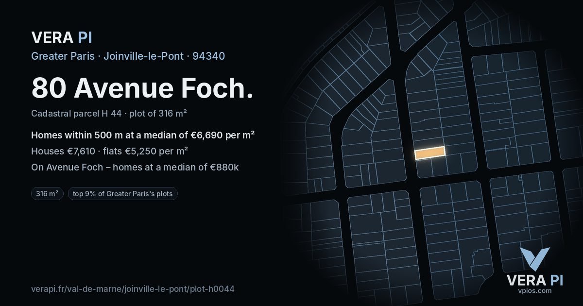 80 Avenue Foch, Joinville-le-Pont at night – the plot lit, the parcels around coloured by the prices near them