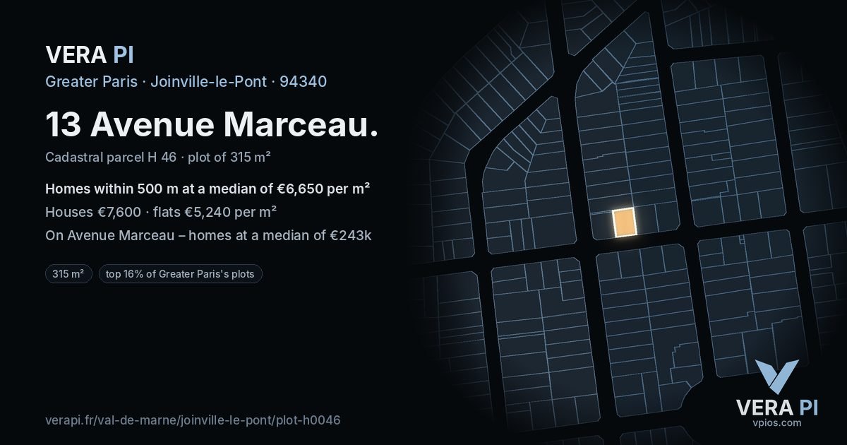 13 Avenue Marceau, Joinville-le-Pont at night – the plot lit, the parcels around coloured by the prices near them