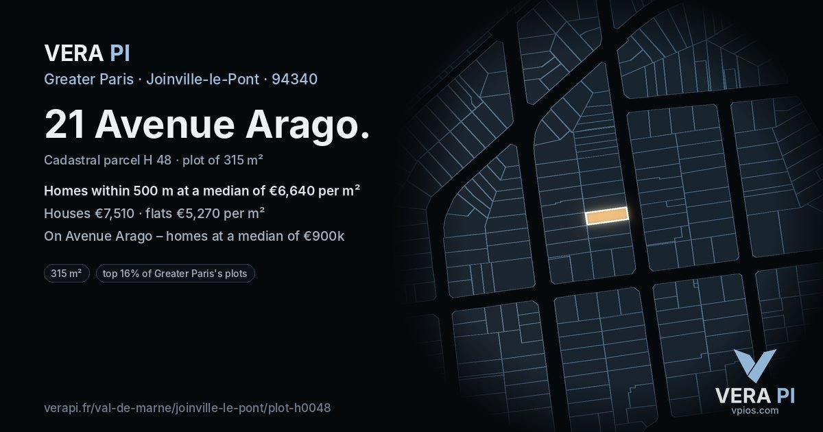 21 Avenue Arago, Joinville-le-Pont at night – the plot lit, the parcels around coloured by the prices near them