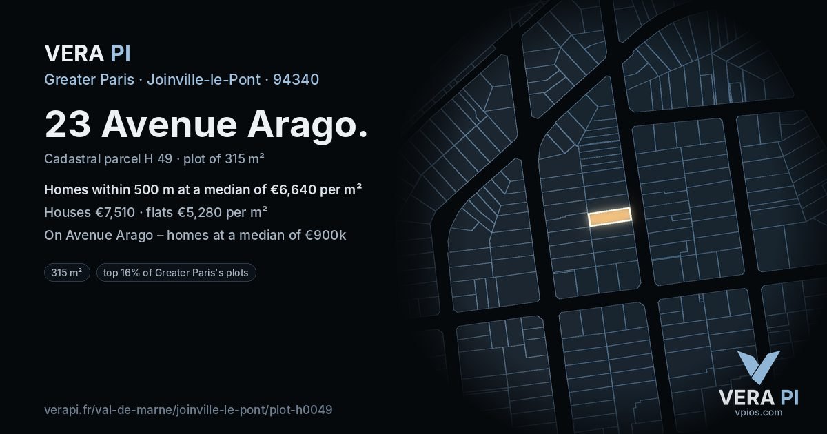23 Avenue Arago, Joinville-le-Pont at night – the plot lit, the parcels around coloured by the prices near them