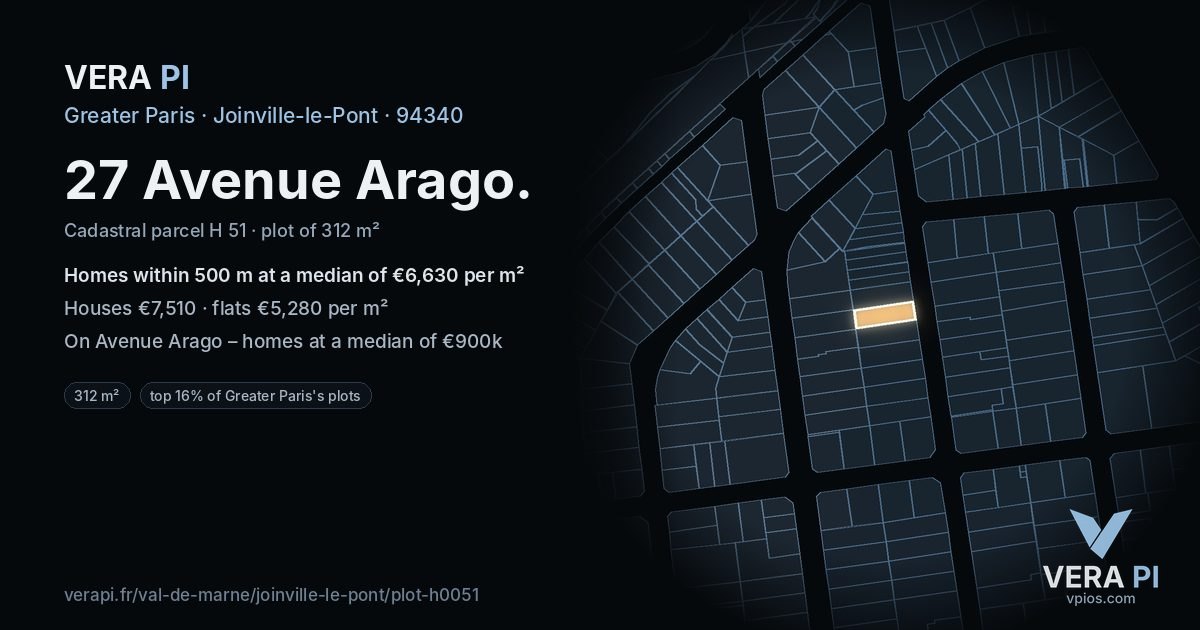 27 Avenue Arago, Joinville-le-Pont at night – the plot lit, the parcels around coloured by the prices near them