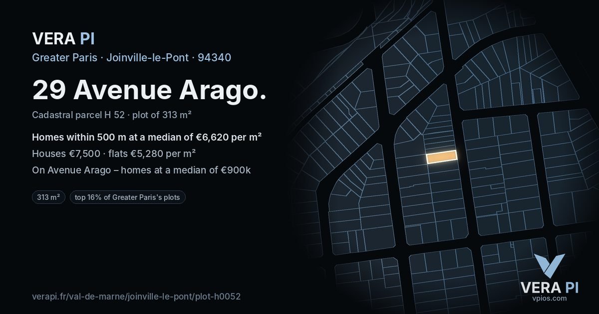 29 Avenue Arago, Joinville-le-Pont at night – the plot lit, the parcels around coloured by the prices near them