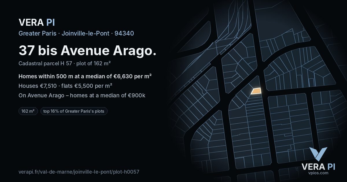 37 bis Avenue Arago, Joinville-le-Pont at night – the plot lit, the parcels around coloured by the prices near them