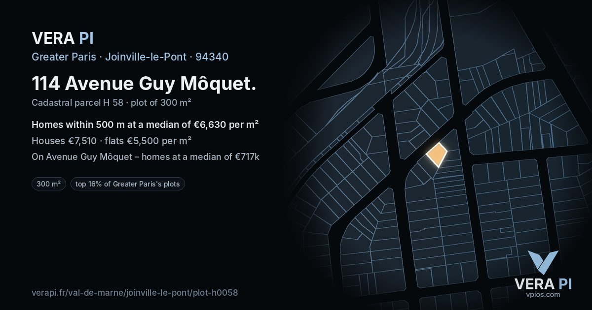 114 Avenue Guy Môquet, Joinville-le-Pont at night – the plot lit, the parcels around coloured by the prices near them