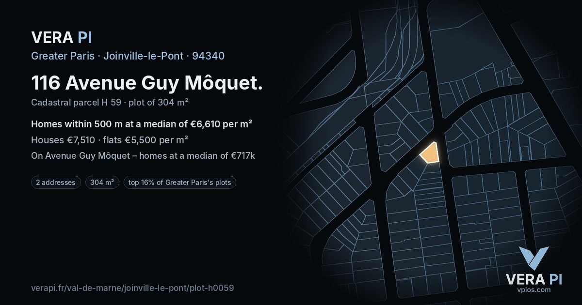 116 Avenue Guy Môquet, Joinville-le-Pont at night – the plot lit, the parcels around coloured by the prices near them