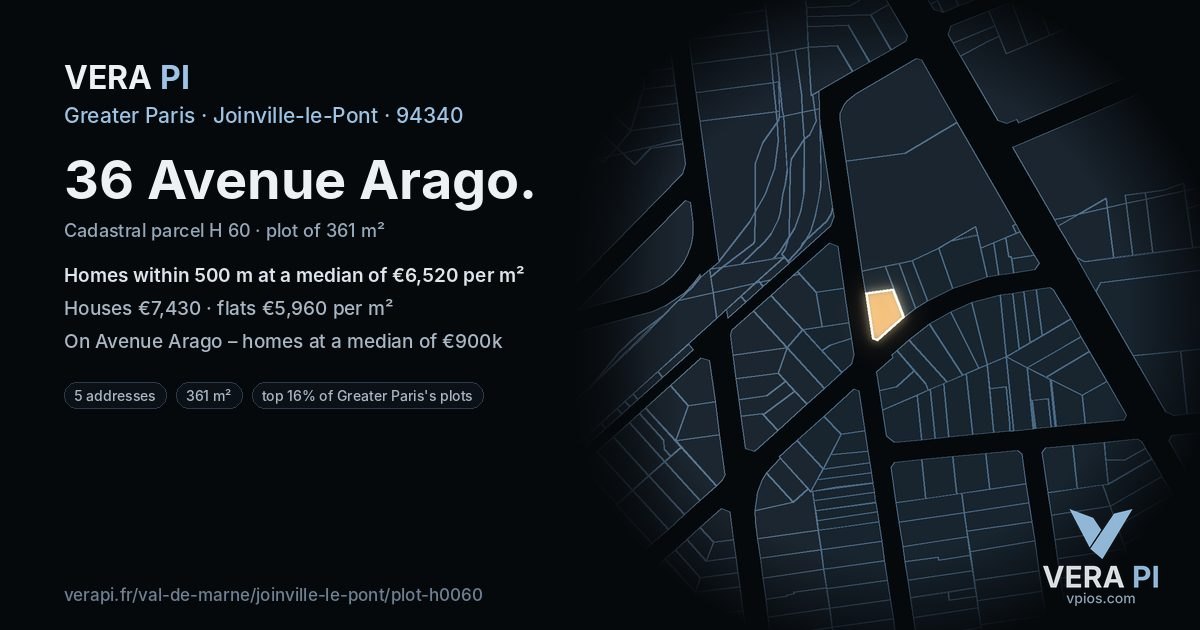 36 Avenue Arago, Joinville-le-Pont at night – the plot lit, the parcels around coloured by the prices near them