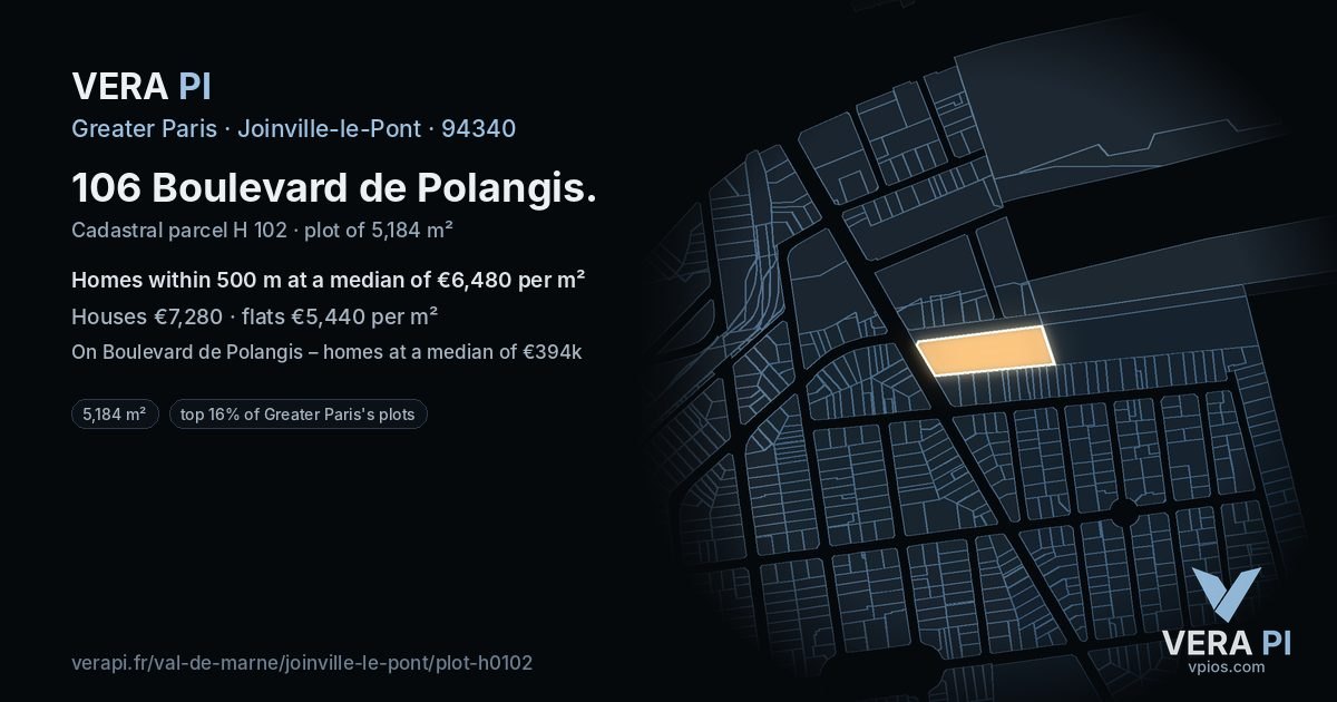106 Boulevard de Polangis, Joinville-le-Pont at night – the plot lit, the parcels around coloured by the prices near them